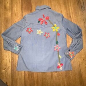 Woman's vtg appliqué floral 70s‎ shirt boho hippie western Festival Stagecoach